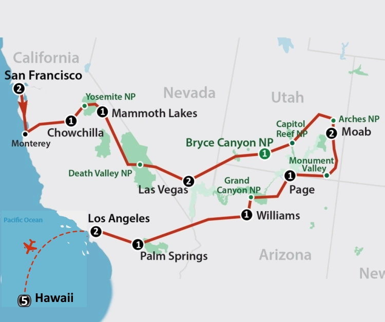 routekaartje groepsreis amerika best of the west en hawaii 2025.webp