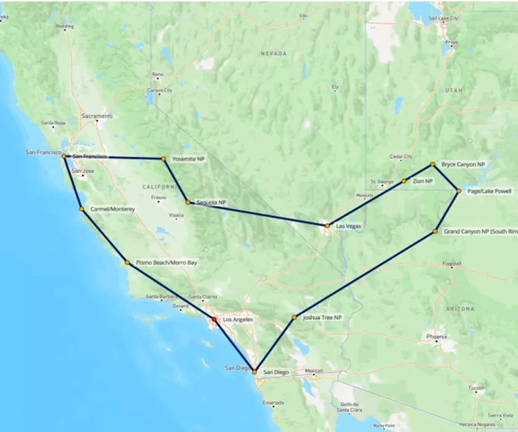 Map Beaches & Canyons - Amerikaplus